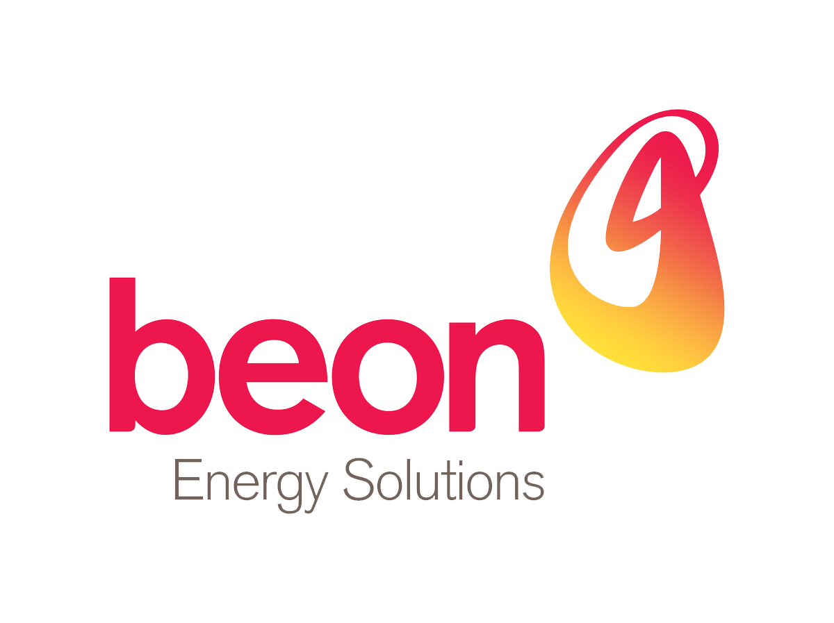 A red and yellow logo for beon energy solutions