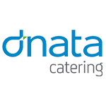 A blue and white logo for a company called dnata catering.