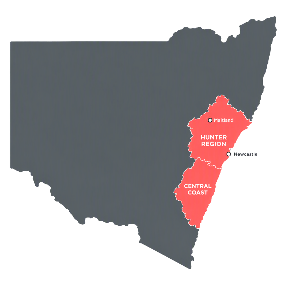 Map of New South Wales with the Hunter Region highlighted in red near Newcastle and Maitland