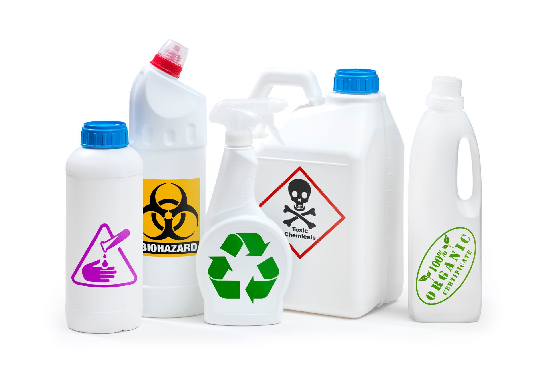 A group of plastic bottles with different labels on them.