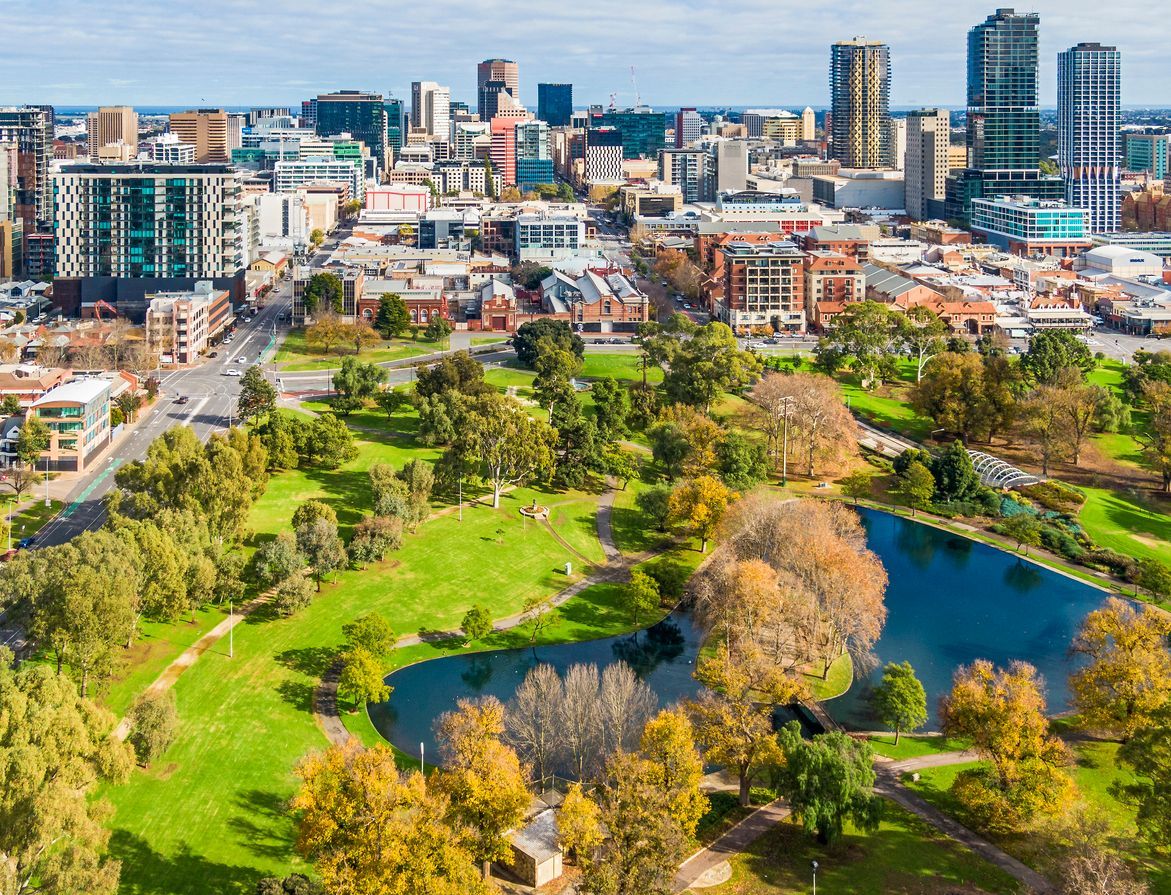 City skyline beyond a green park with trees and a pond on a sunny day