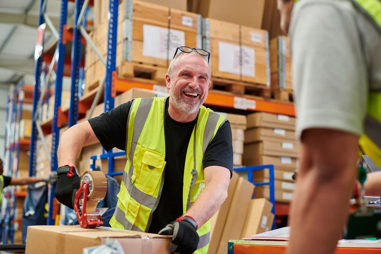 Warehouse worker in a yellow safety vest loading boxes with a pallet jack