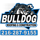 Bulldog Roofing & Construction logo with bulldog mascot and phone number 216-287-9155