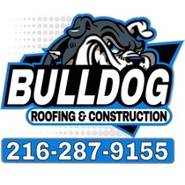 Bulldog Roofing & Construction logo with bulldog mascot and phone number 216-287-9155