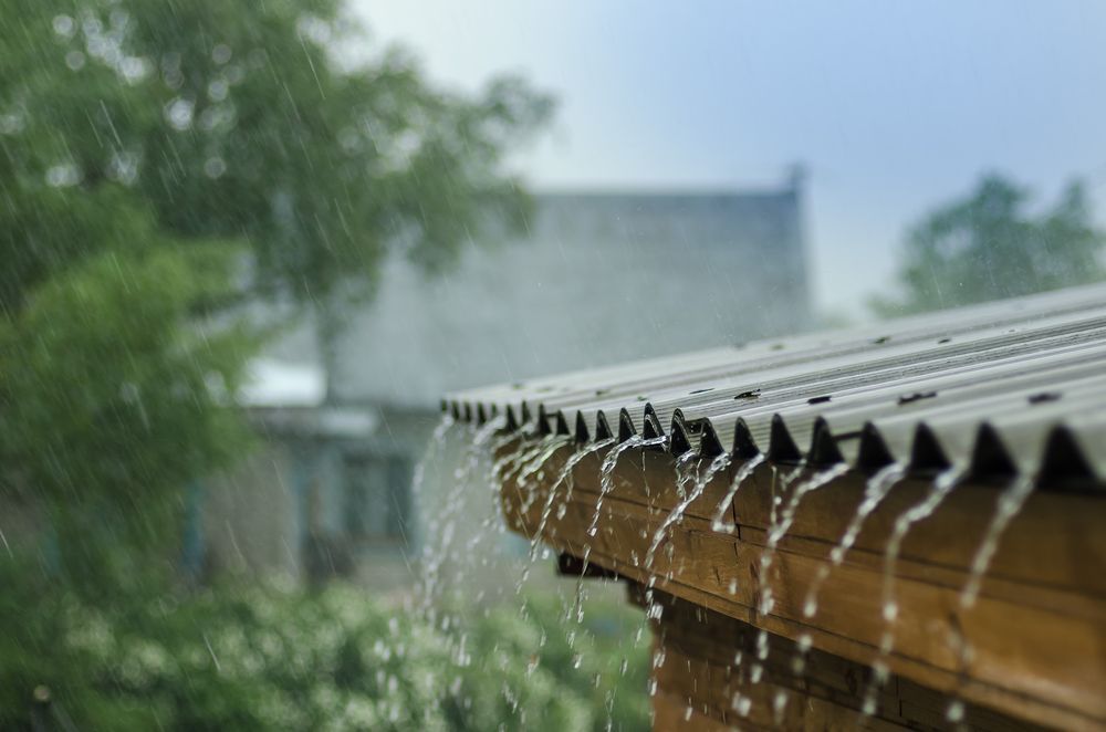 Rainwater dripping from a roof edge in a rainy backyard, with blurred trees and a house in the background