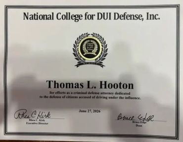 Certificate from National College for DUI Defense honoring Thomas L. Hooton with signatures and seal