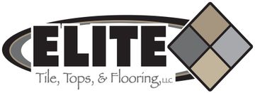 ELITE Tile, Tops & Flooring LLC logo with black text and tan-gray diamond emblem