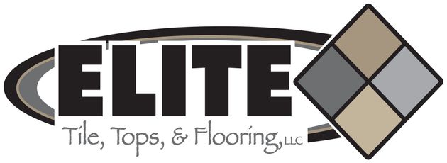 ELITE Tile, Tops & Flooring LLC logo with black text and tan-gray diamond emblem