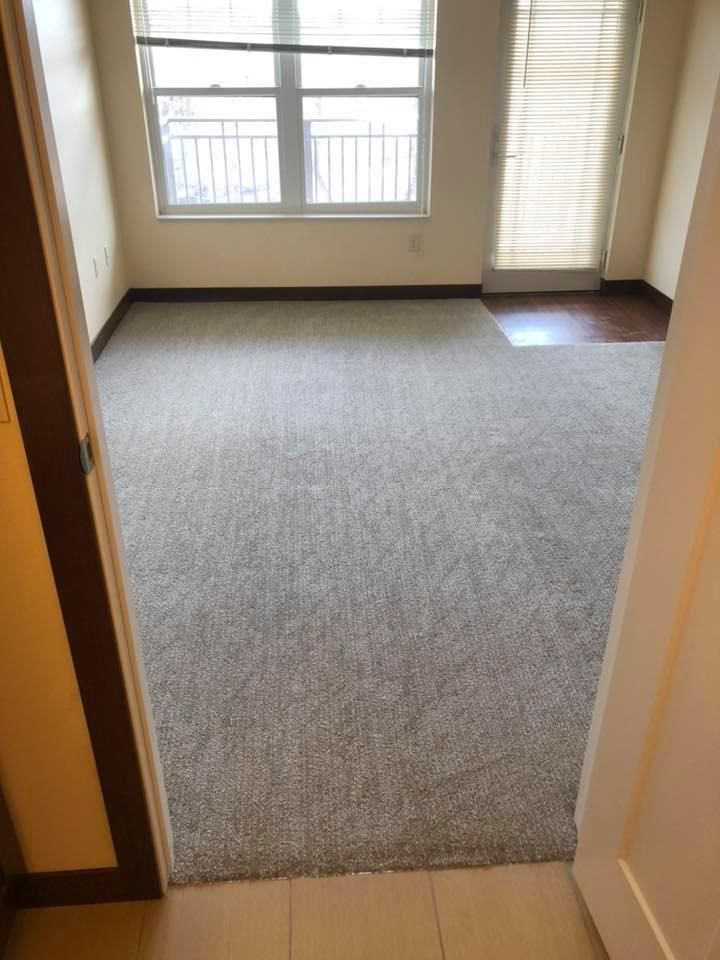 Empty carpeted room with a large window and beige walls.