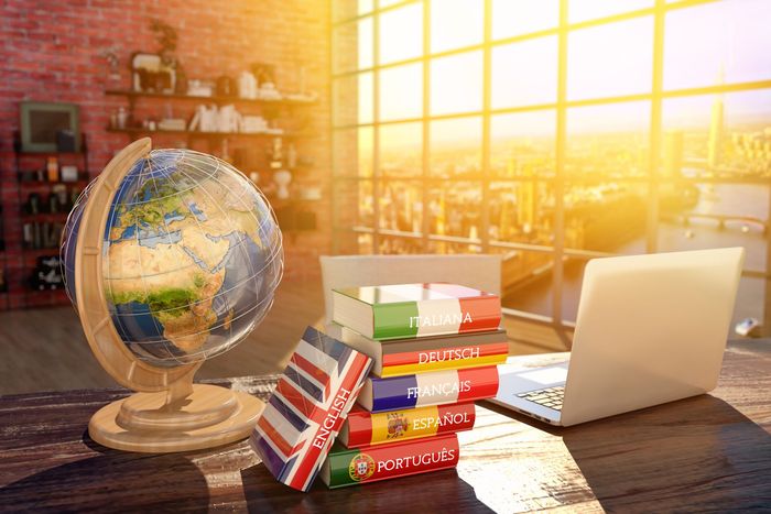 globe and books beside computer