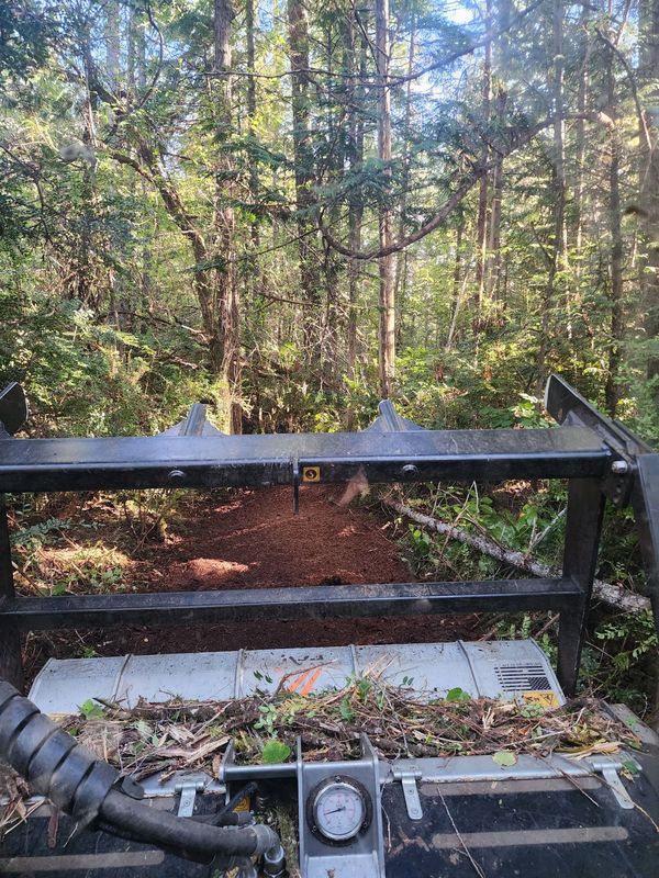 Black metal machine in a wooded area, with a gauge and hoses in front of dense trees.