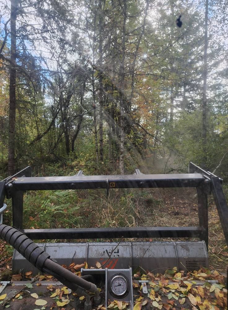 ATV front blade in a wooded area with fallen leaves and a mounted gauge visible