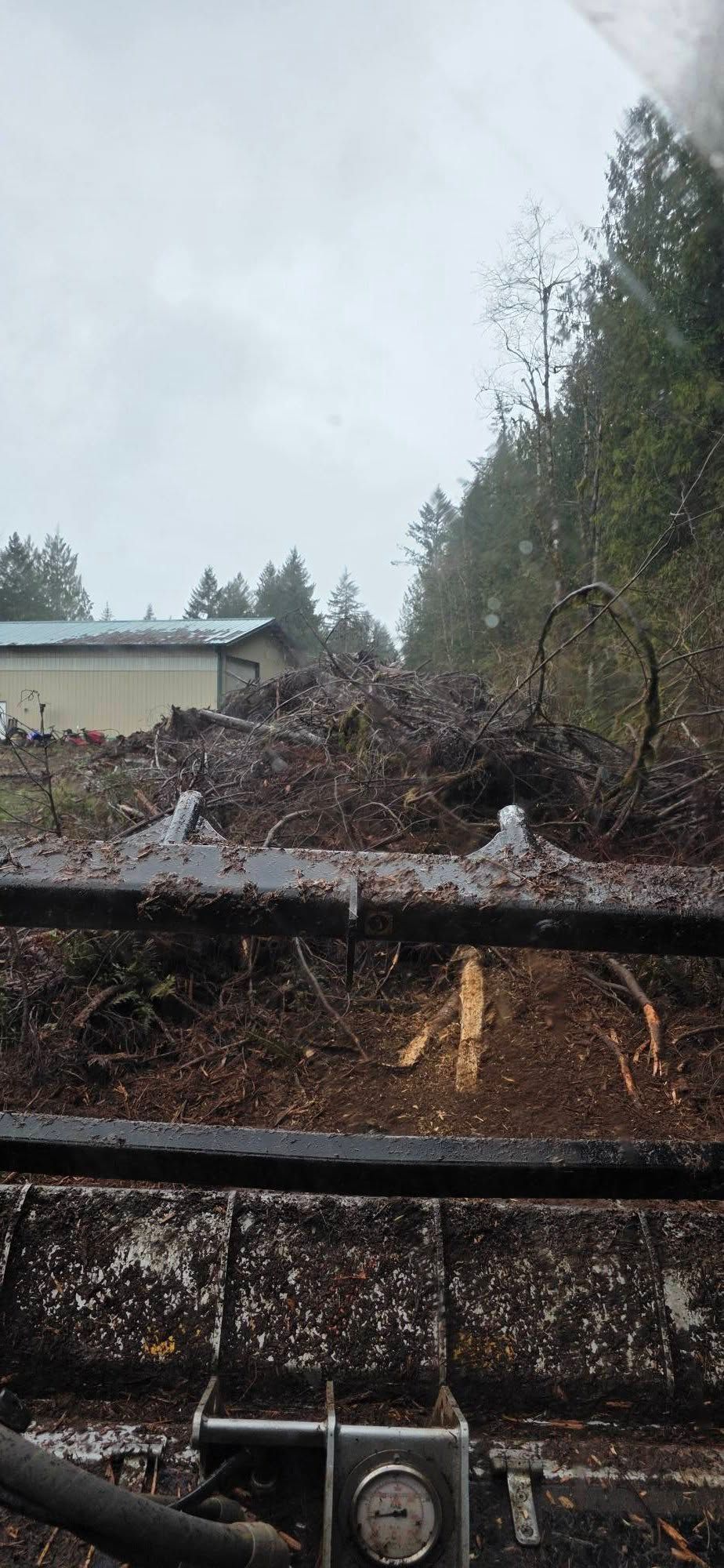 Rainy railway tracks blocked by fallen tree debris, with a shed and trees in the background