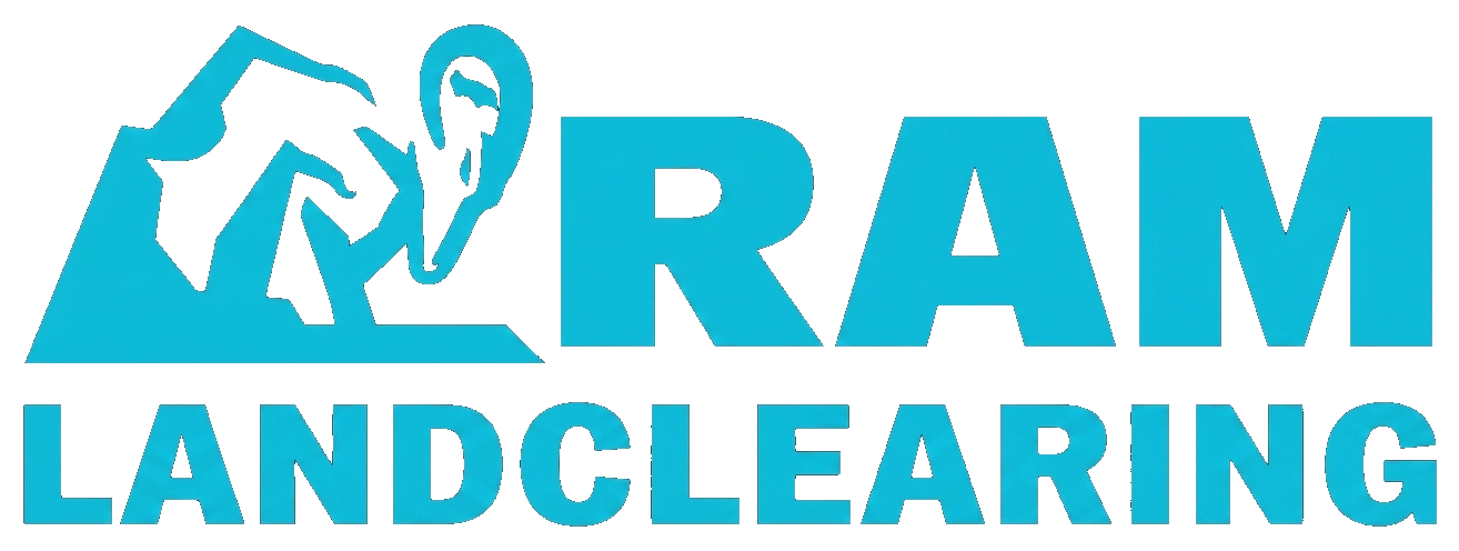 RAM Landclearing logo with a turquoise excavator icon and bold blue text