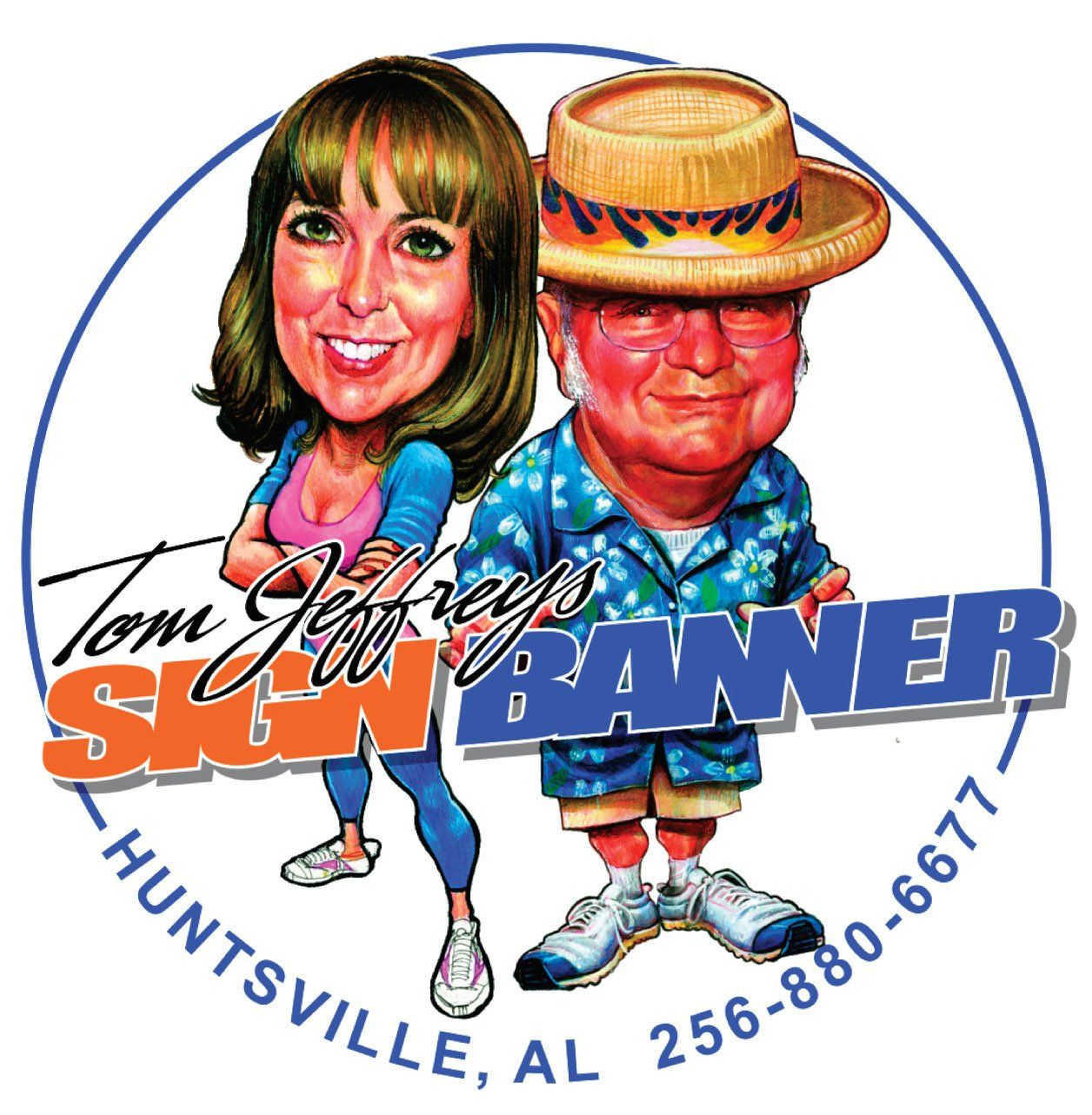 A logo for tom jeffrey 's sign banner in huntsville al