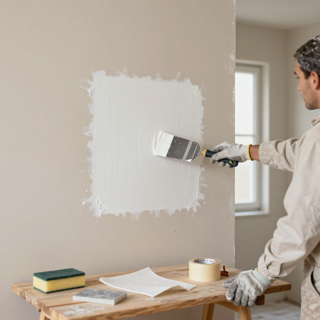 Person painting a white square on a beige wall with a paint roller in a room under renovation