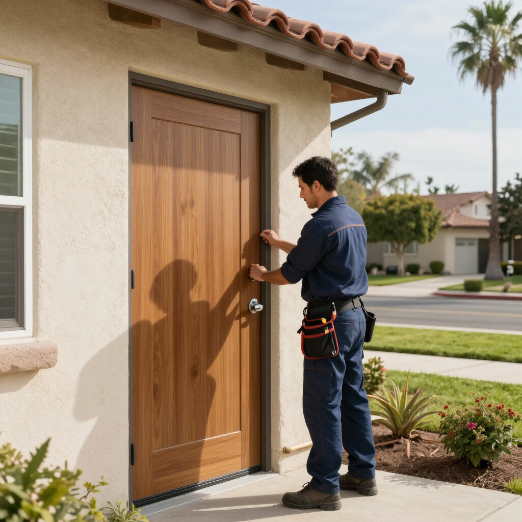 Repair technician inspecting a wooden door on a stucco house exterior