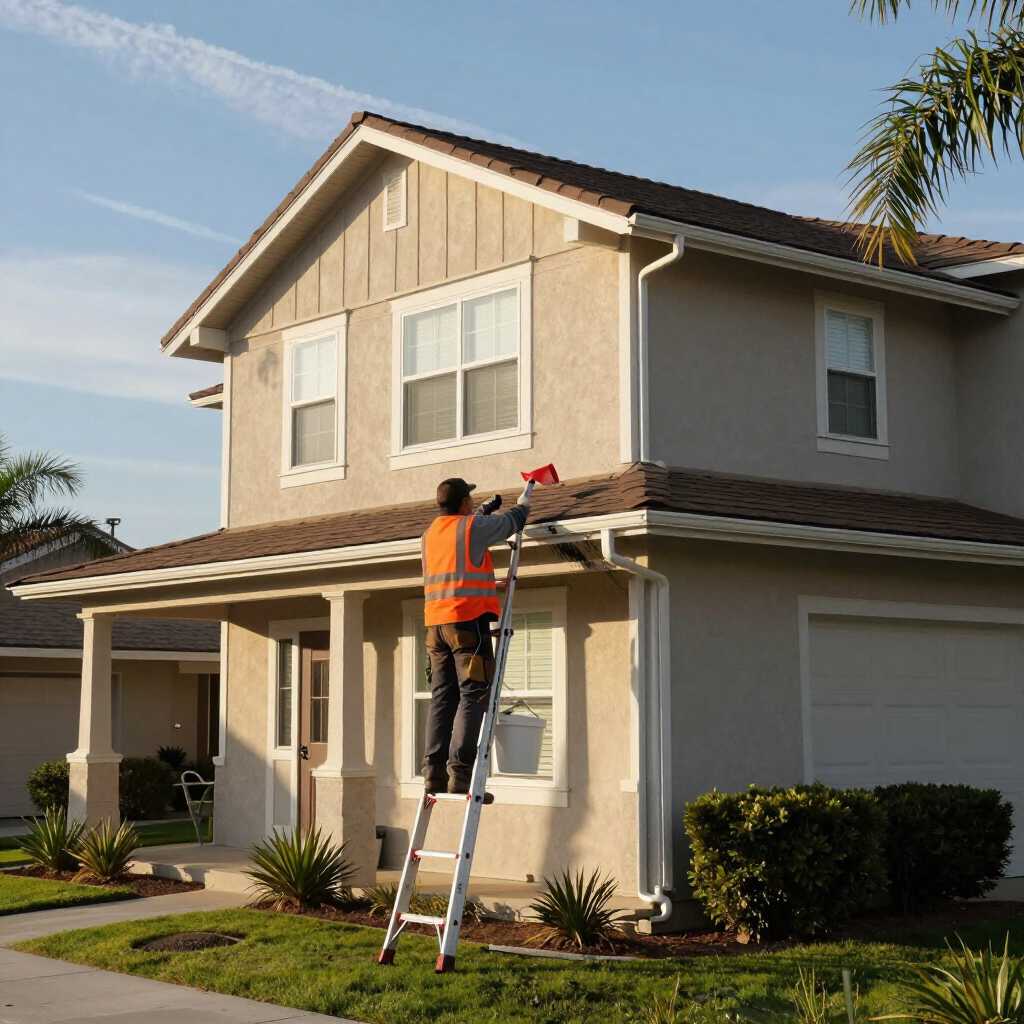 Worker on ladder painting the exterior trim of a two-story suburban house