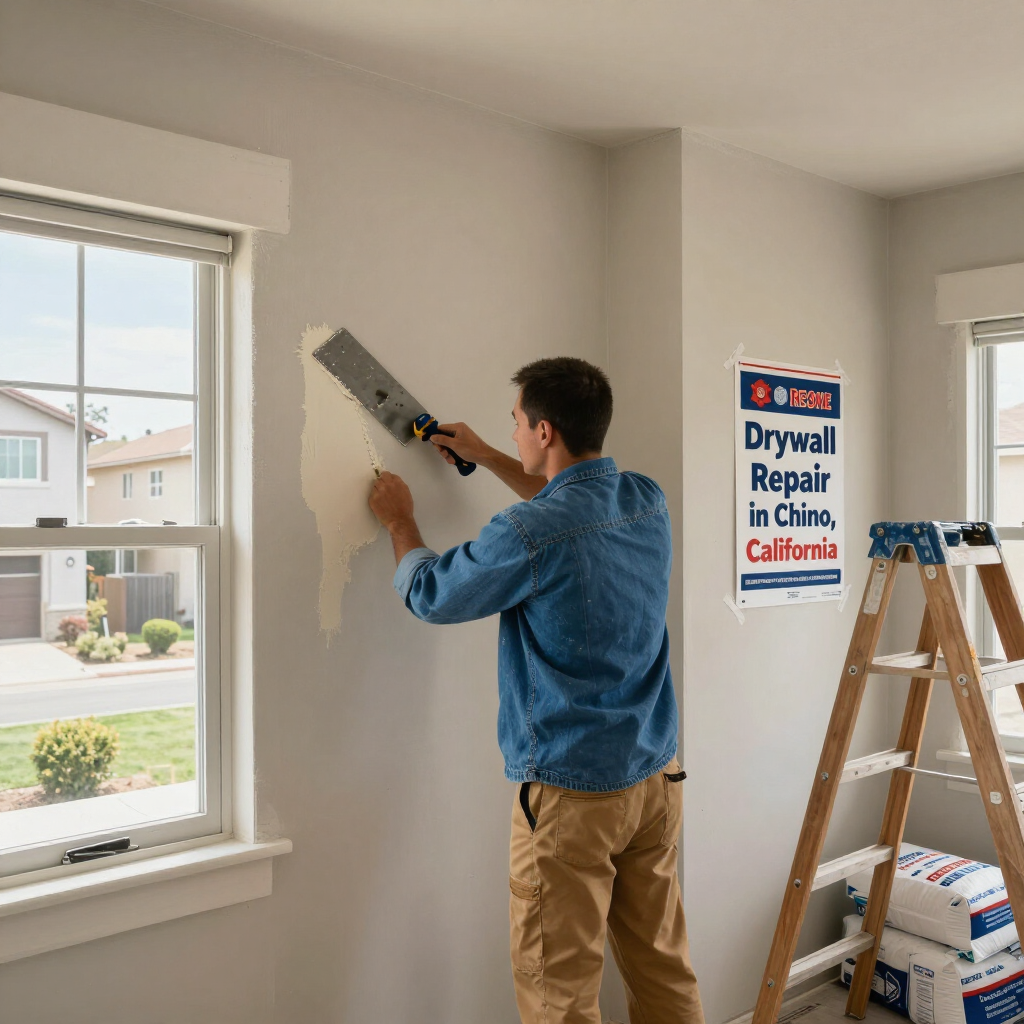 Worker smoothing drywall in a bright room beside a ladder and a sign reading “Drywall Repair in Chino, California”