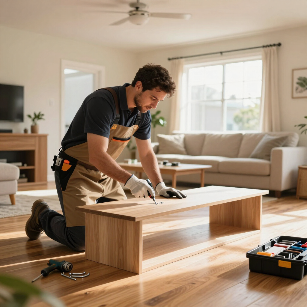 Person assembling a wooden coffee table in a bright living room with tools nearby