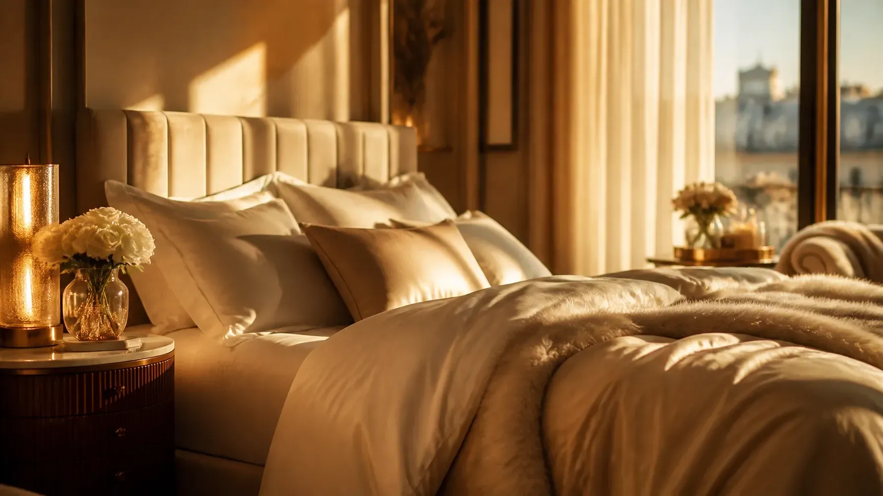 Luxurious modern bedroom with soft linens and warm natural light