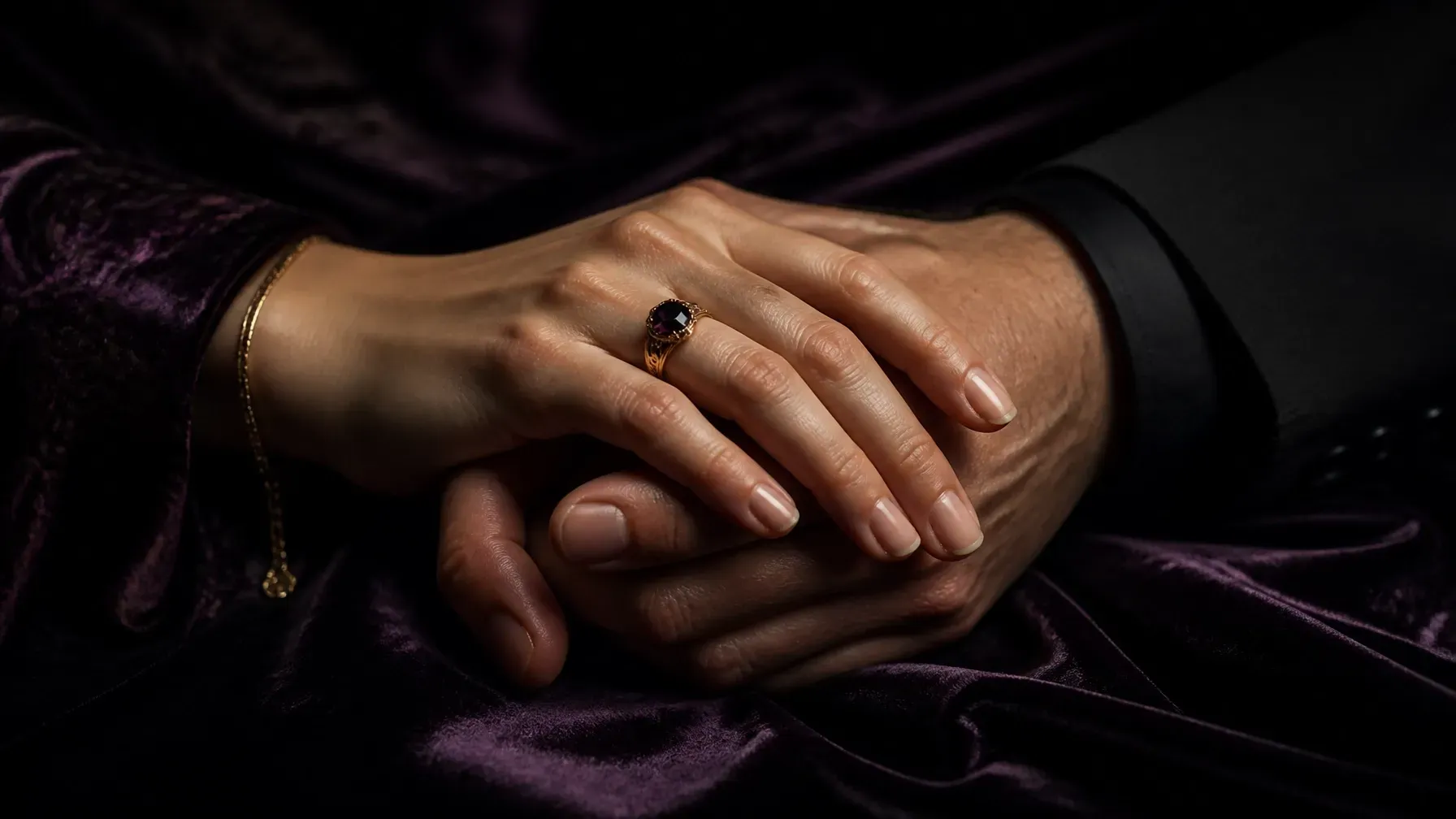 Two hands clasped together on dark purple fabric, one wearing a ring