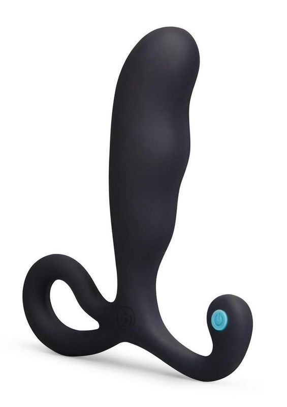Black silicone anal plug with looped base and blue gem accent on a white background