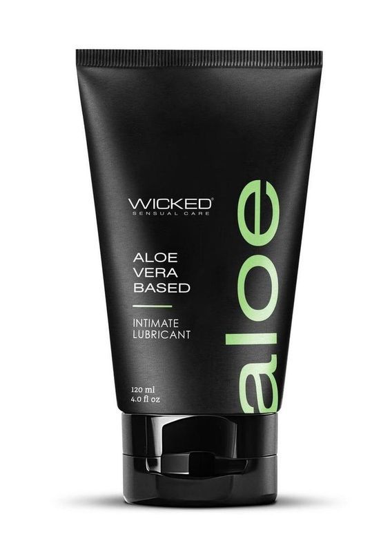 Black aloe vera lotion tube with green “aloe” text on a white background