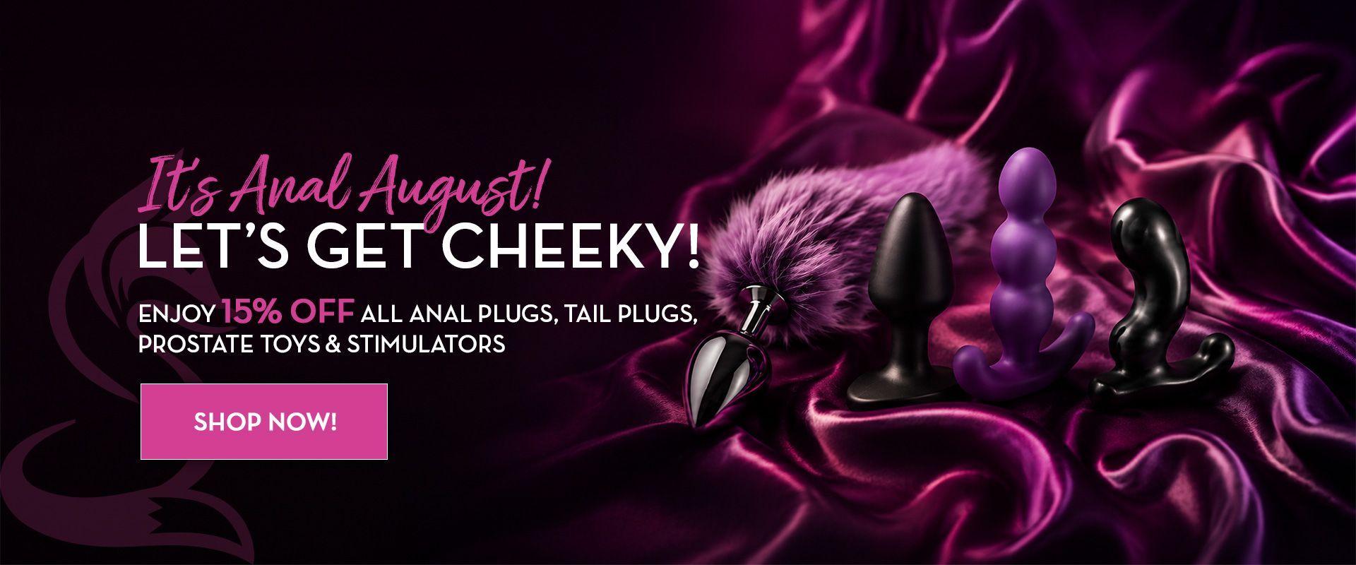 Pink and black coffee promo banner with a jeweled drink and โLetโs get cheeky!โ text, plus a shop now button