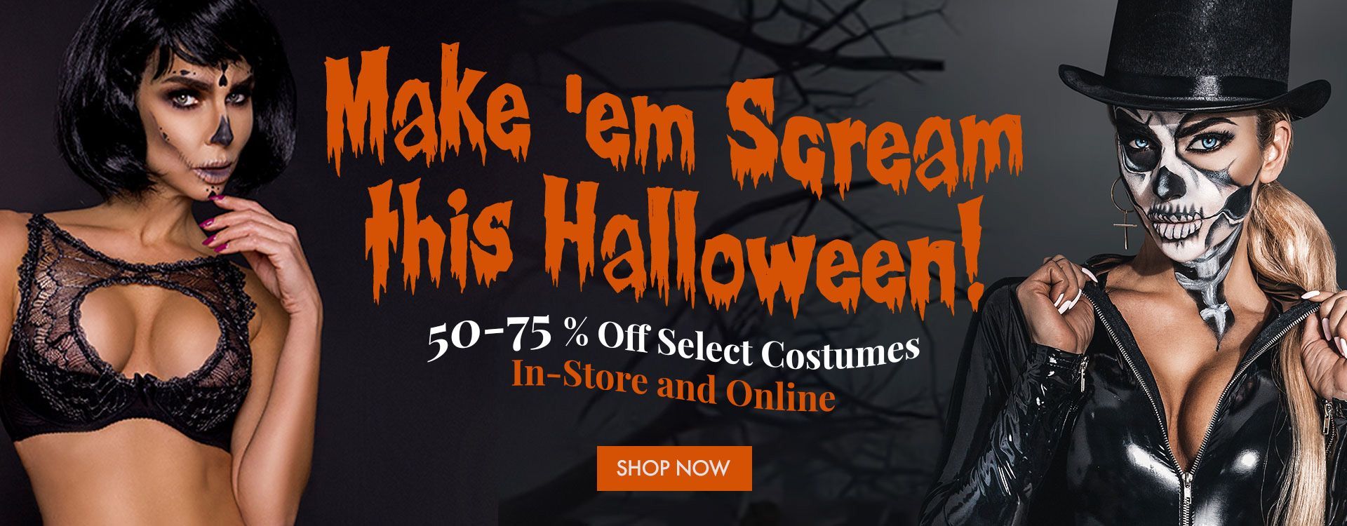 Halloween costume ad with two goth models, bold orange text, and a “Shop Now” button