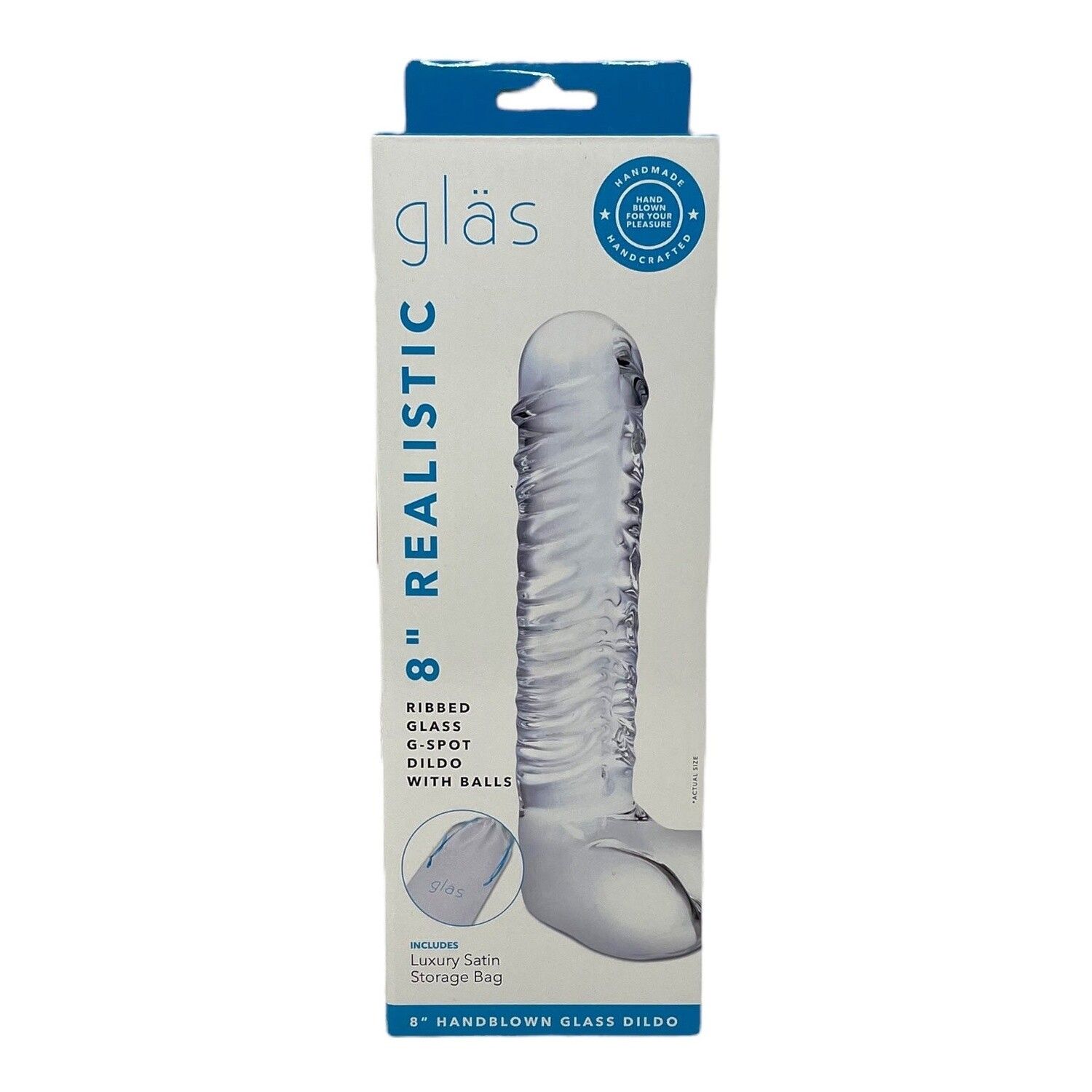 Glas Realistic 8-inch clear ribbed dildo in blue-and-white retail packaging