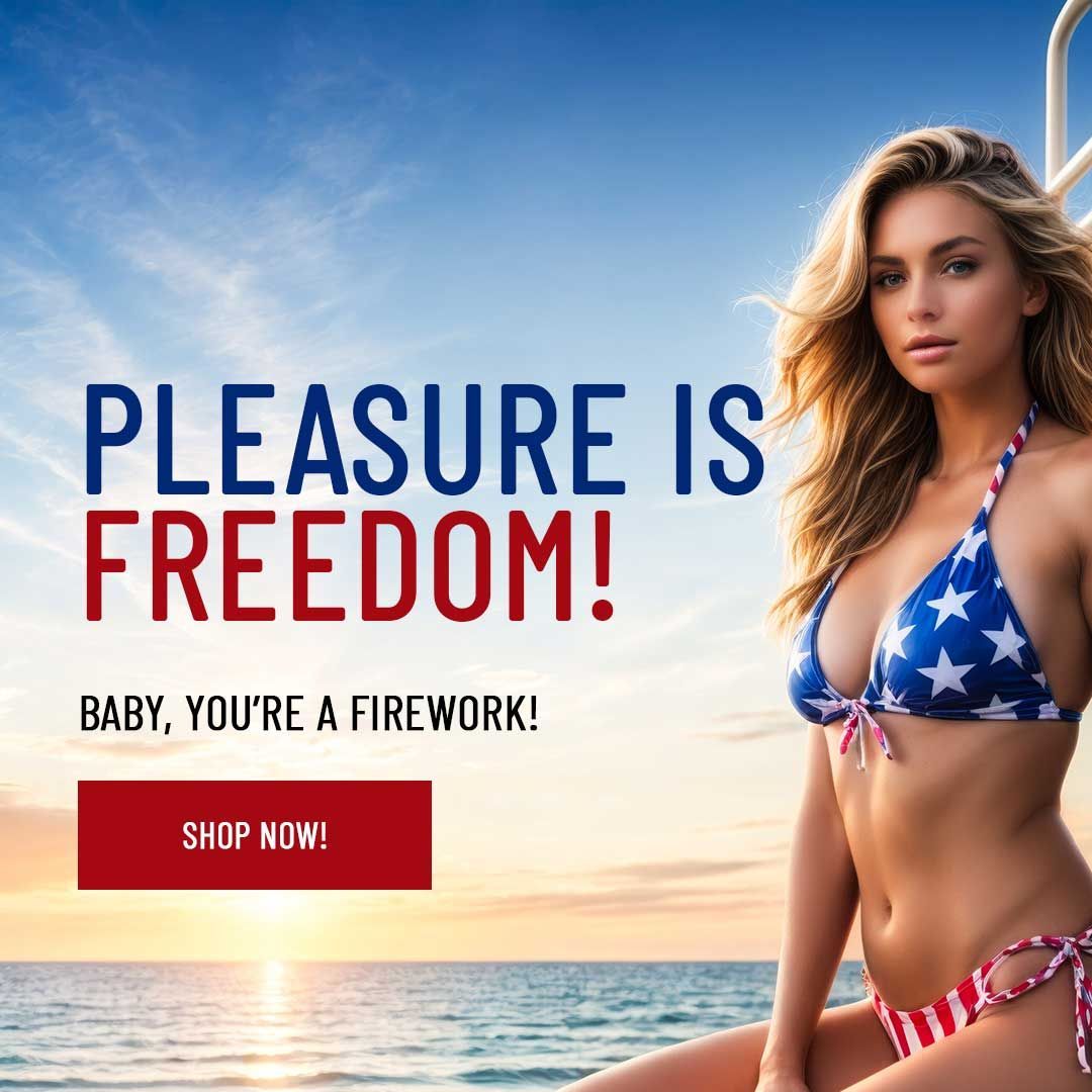 Promotional ad with headline, “Whatever Your Style, We’ve Got Your Pleasure,” over five models in minimal underwear