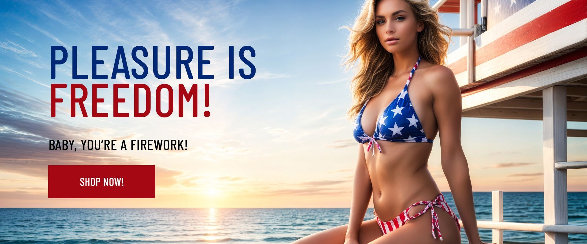 Promotional banner with shirtless models and red text: “Whatever Your Style, We’ve Got Your Pleasure.”