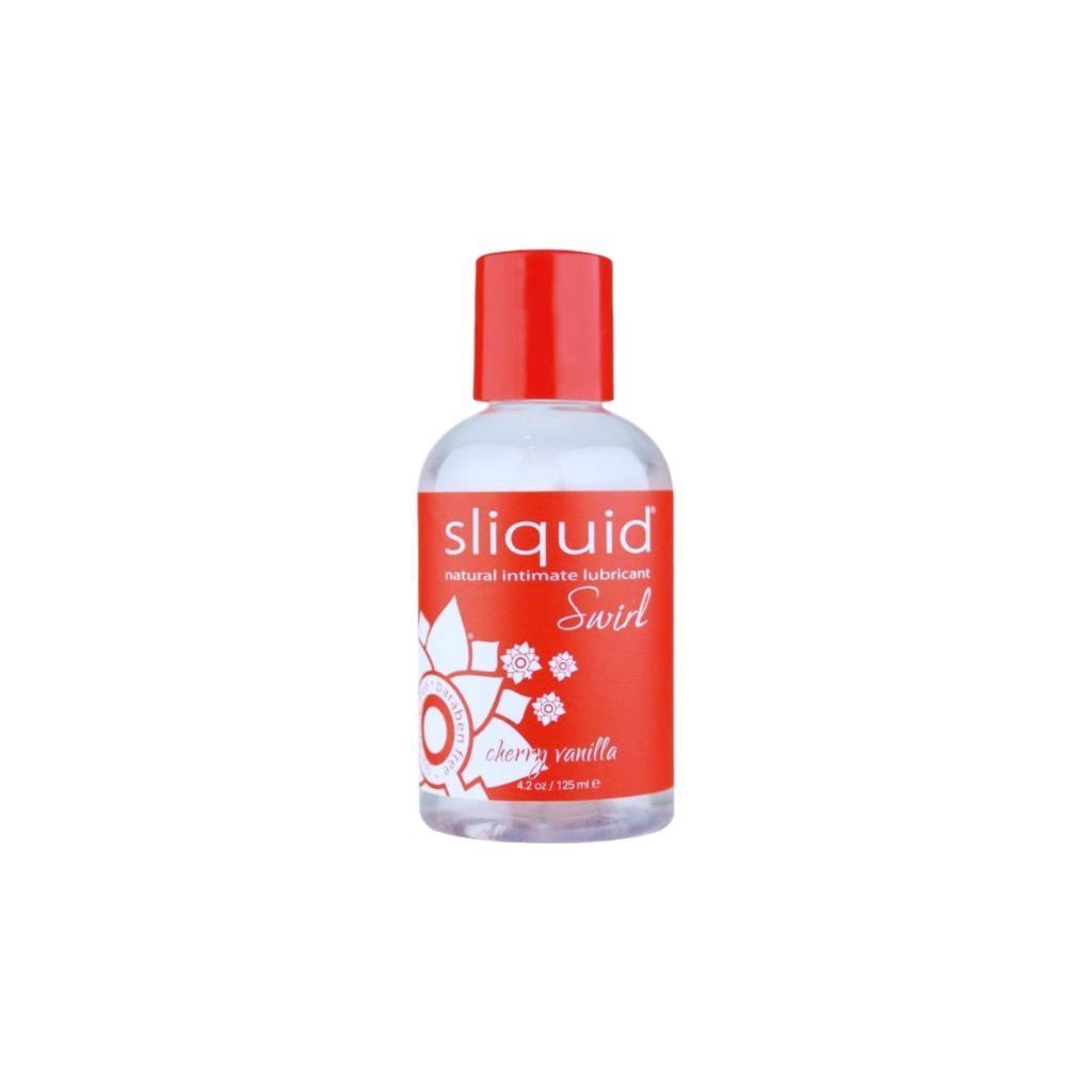 Red-capped Sliquid Swirl massage lubricant bottle with red label on white background
