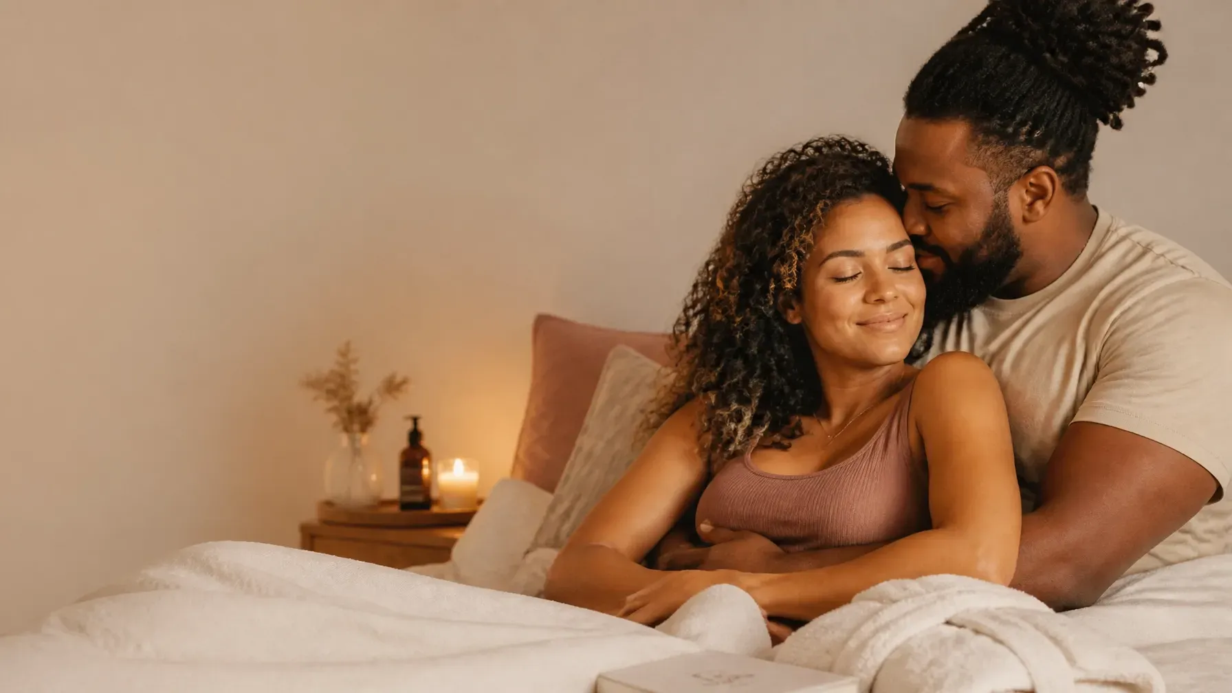 An affectionate diverse couple relaxing together in a warm, cozy bedroom with soft golden light.