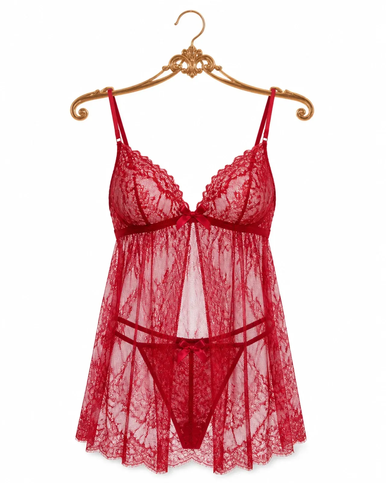 Red lace lingerie set on a gold hanger, with sheer teddy and matching thong.