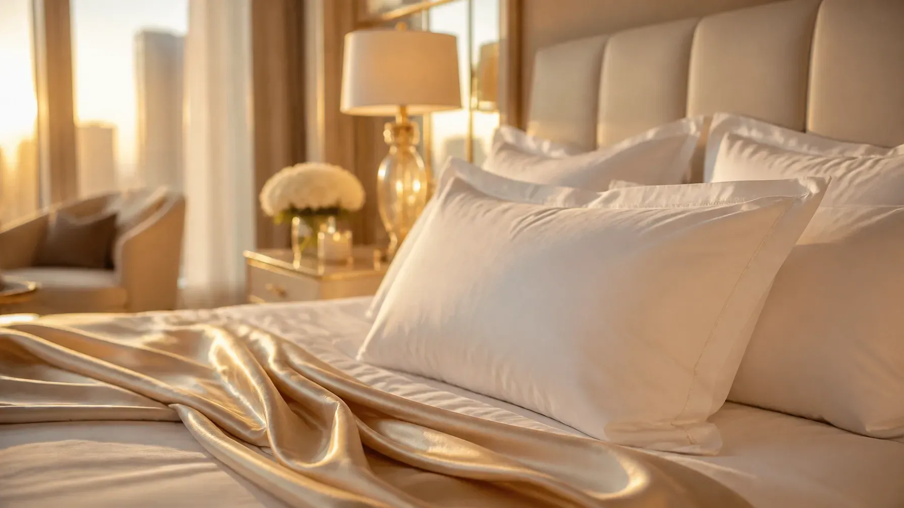 Luxurious bedroom with white pillows, gold satin bedding, and warm sunlight by the window