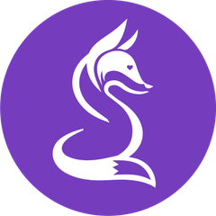 A white fox is sitting in a purple circle.