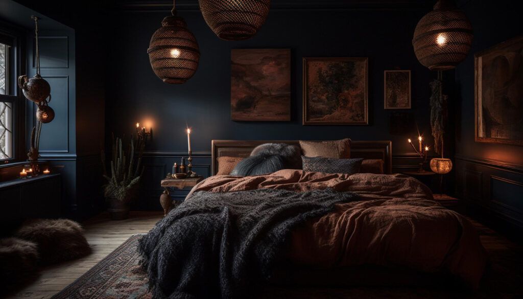 A bedroom with a bed , candles , lamps and a window.