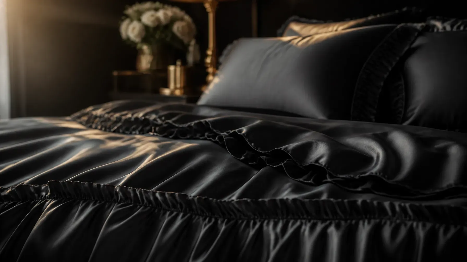 Black satin bed with tufted quilt and pillows in a dim, elegant bedroom