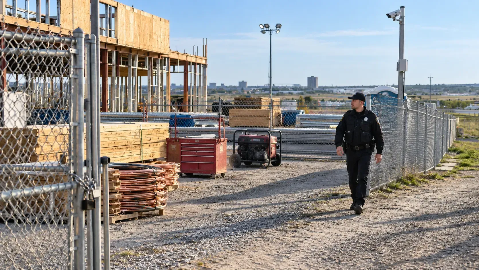 Guard patrols fenced Texas construction site storing materials on a long holiday weekend.