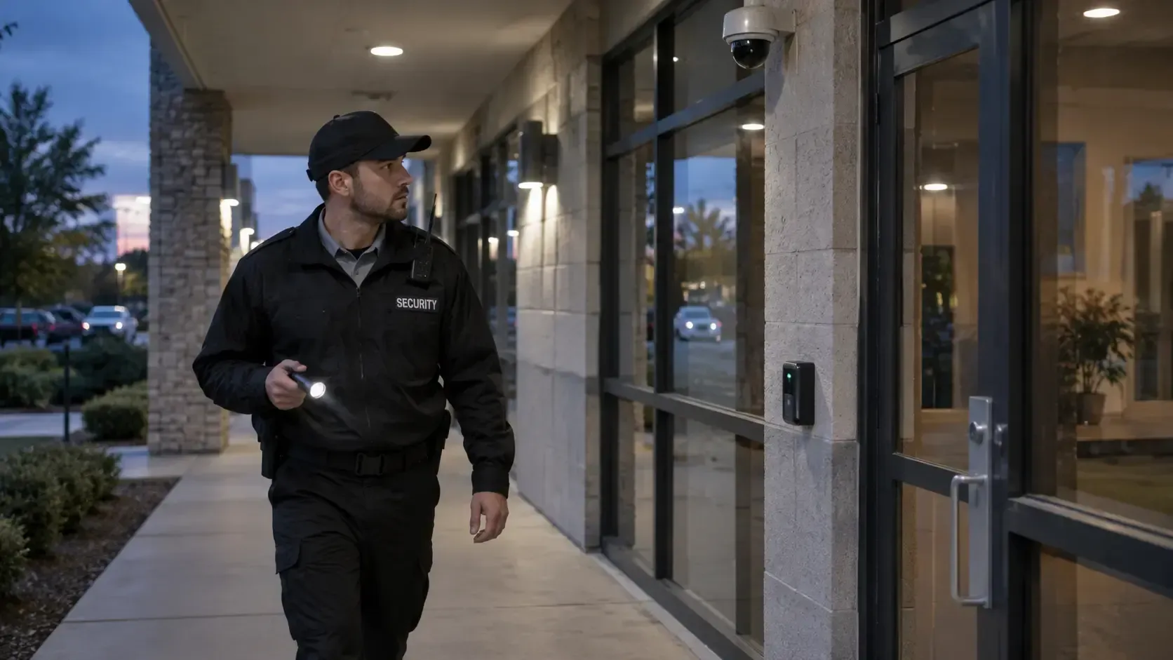 Security guard with flashlight patrols a modern commercial hallway past glass doors.