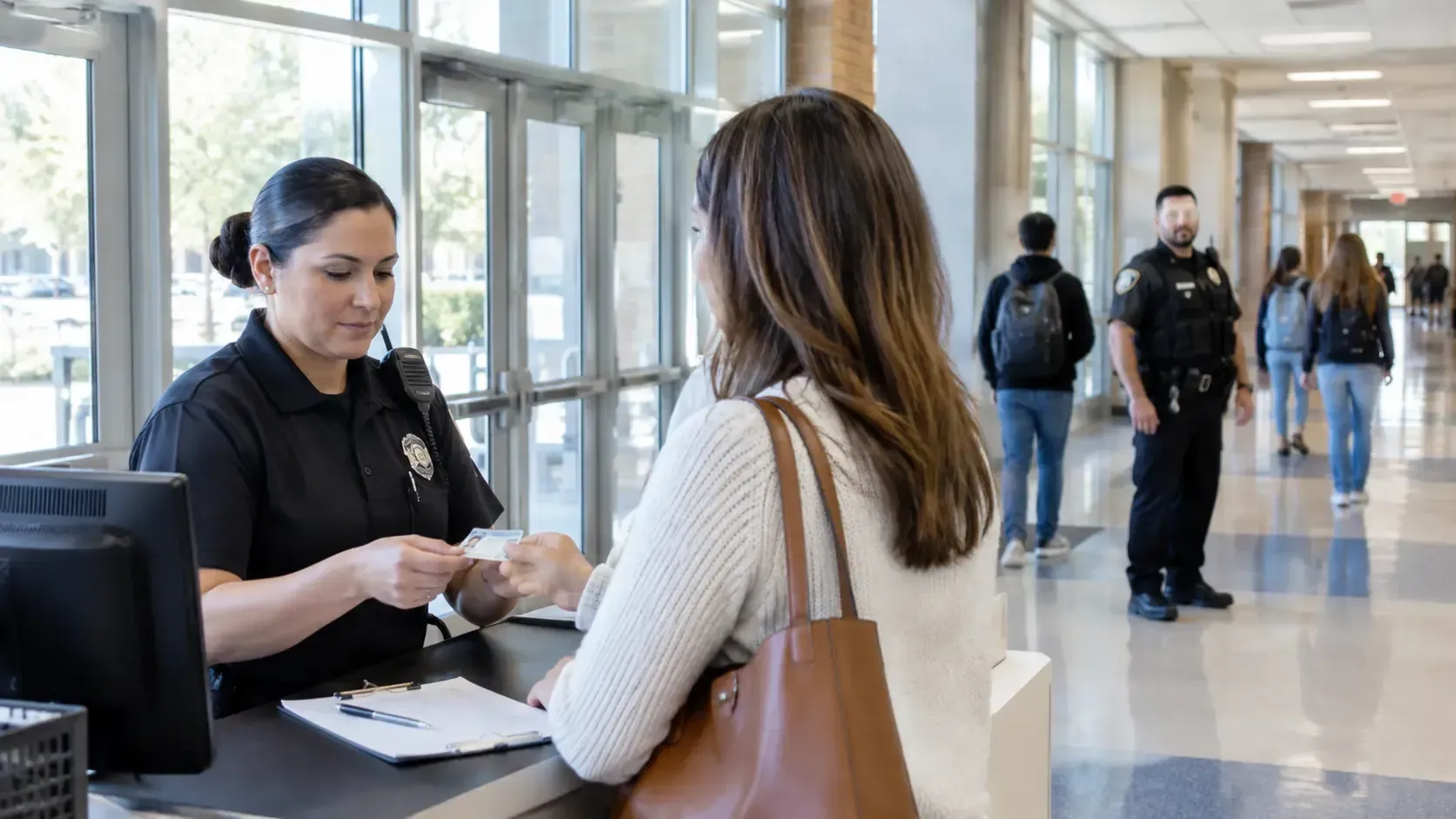Texas school security staff member checks a visitor ID while an officer patrols the hall.