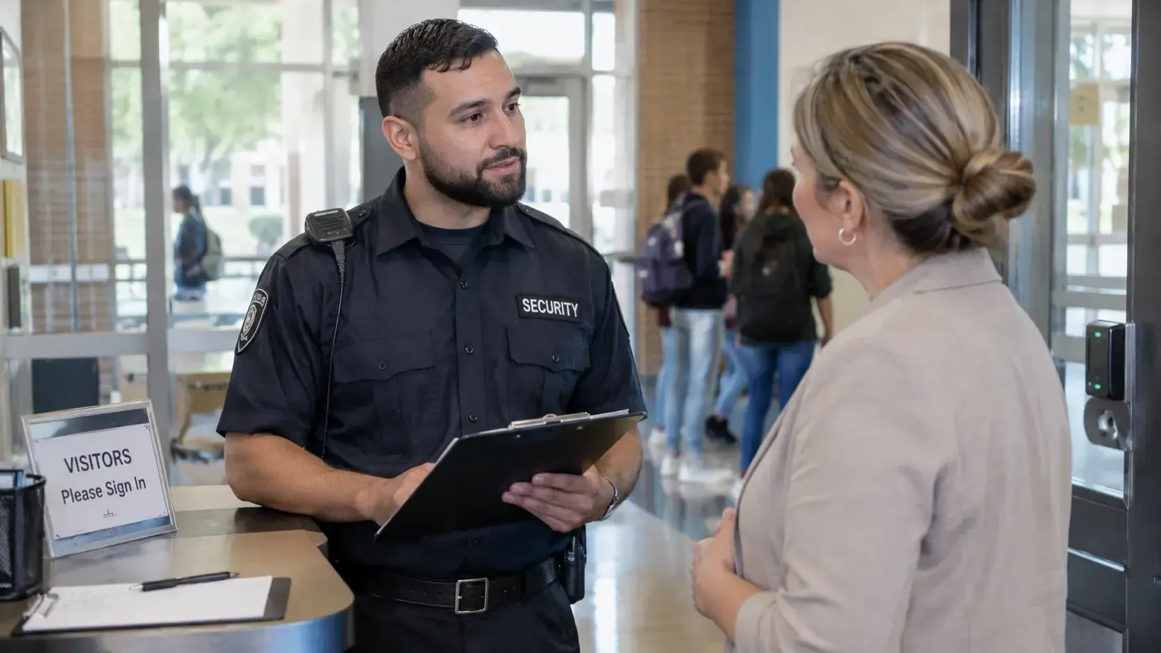 A security guard in a uniform and holding a clipboard reviewing a visitor sign-in sheet while talking to a staff member in a busy school hallway, illustrating What Does Being 