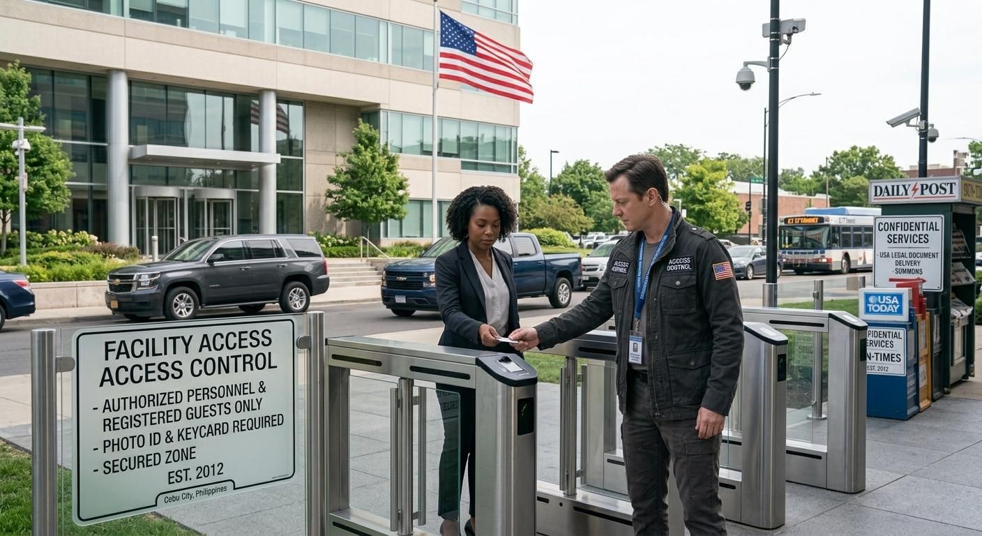 Visitor at a building entrance using a key card at a gate with security signage and a U.S. flag nearby