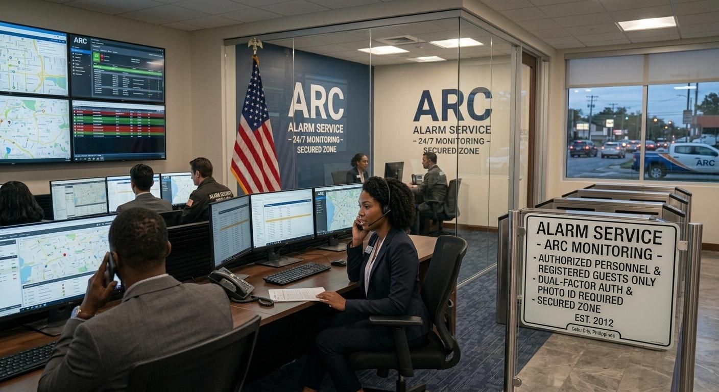 Security monitoring room with multiple camera screens, desks, and staff viewing surveillance monitors