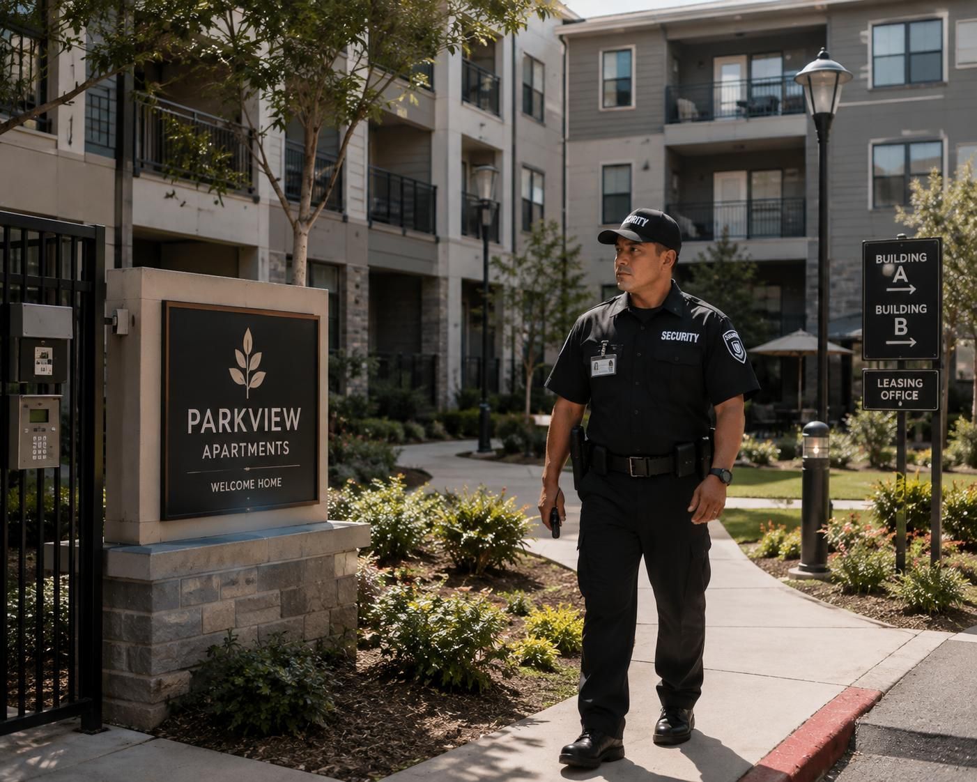 Security guard standing outside Parkview apartments near landscaped entrance and sign.