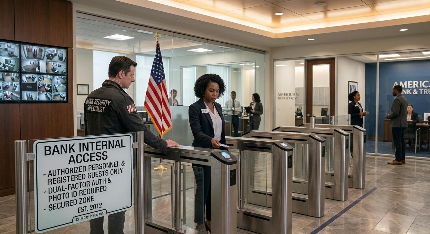 Bank interior with metal turnstiles, employees at entry, and an American flag near the reception area.