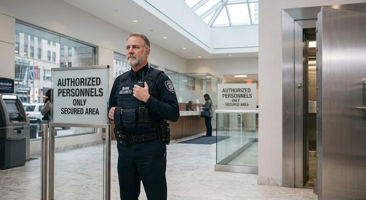 Security guard standing in an airport lobby beside signs for authorized personnel only and a checkpoint area