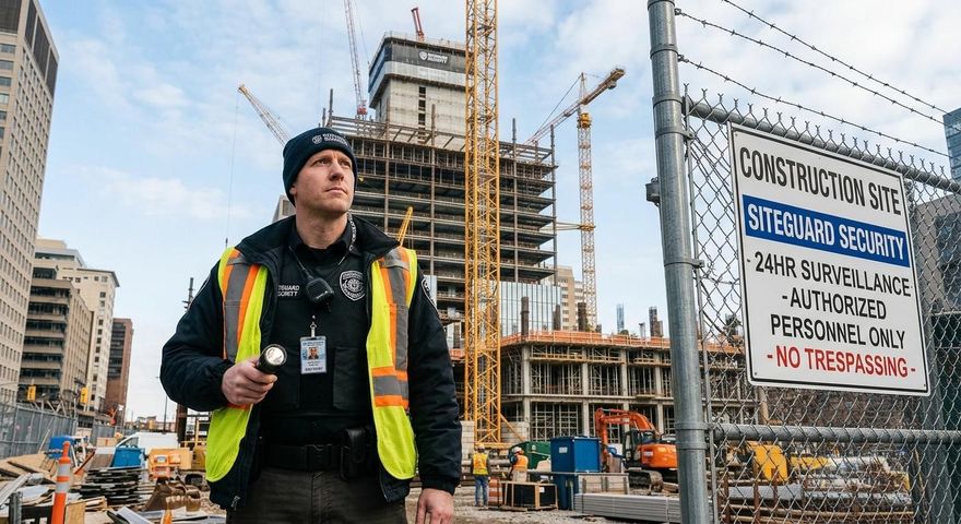 Construction worker in safety vest and hard hat at a city building site beside a warning sign.